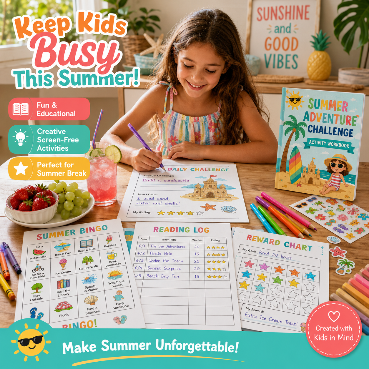 Summer Adventure Challenge – 30 Days of Fun, Creative & Screen-Free Activities for Kids Ages 6–10 | Printable PDF Workbook