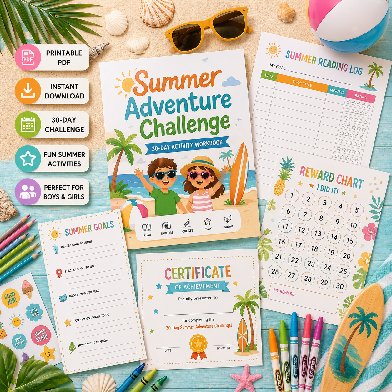 Summer Adventure Challenge – 30 Days of Fun, Creative & Screen-Free Activities for Kids Ages 6–10 | Printable PDF Workbook