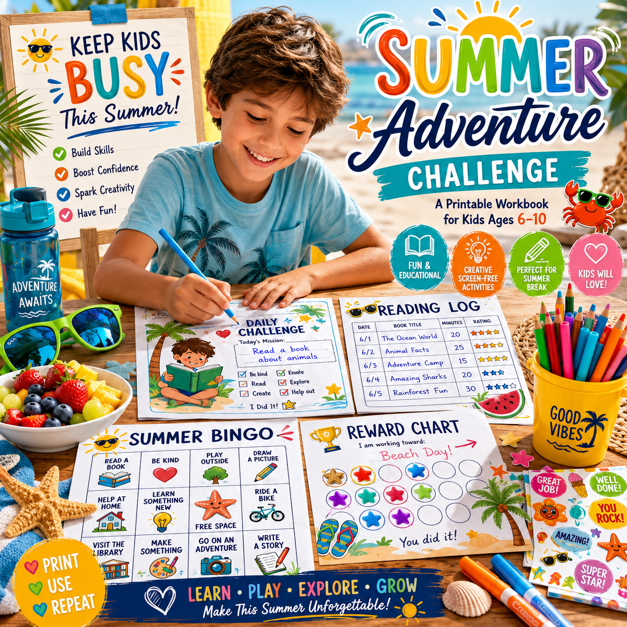 Summer Adventure Challenge – 30 Days of Fun, Creative & Screen-Free Activities for Kids Ages 6–10 | Printable PDF Workbook