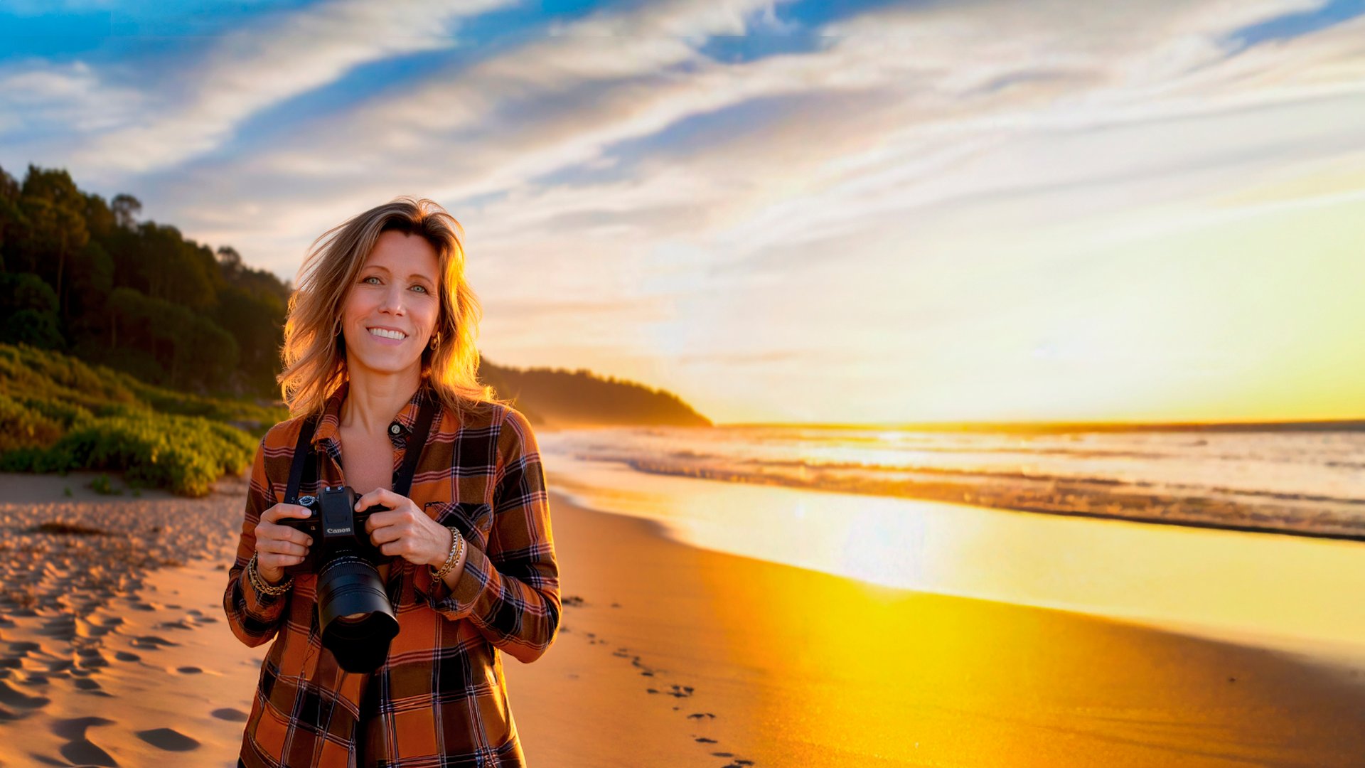 Photographer Photographer Sheri Oneal on a beach with a camera.