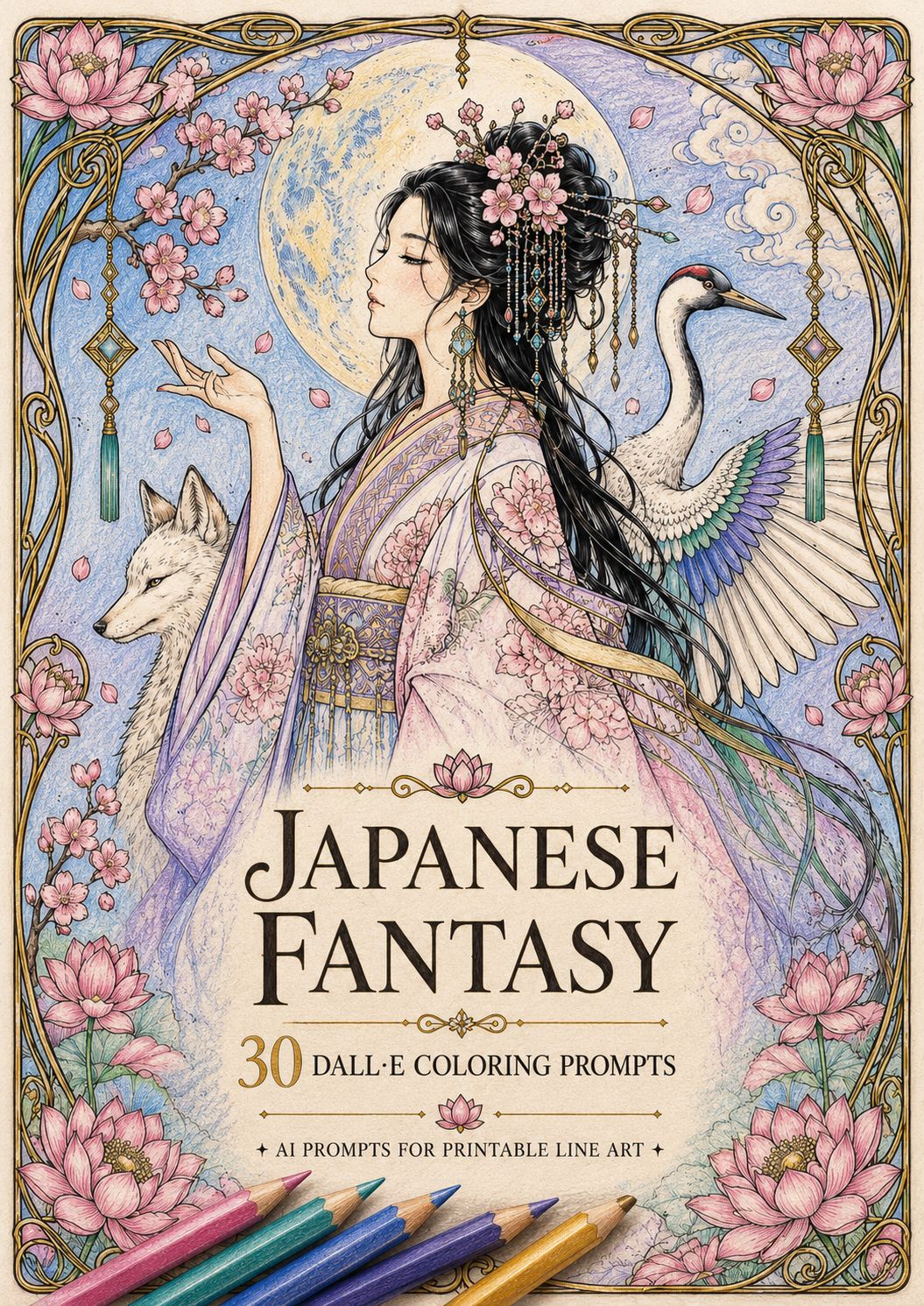 Japanese Fantasy Coloring Page Prompts for AI Art – 30 Japanese-inspired fantasy prompts for printable coloring books.