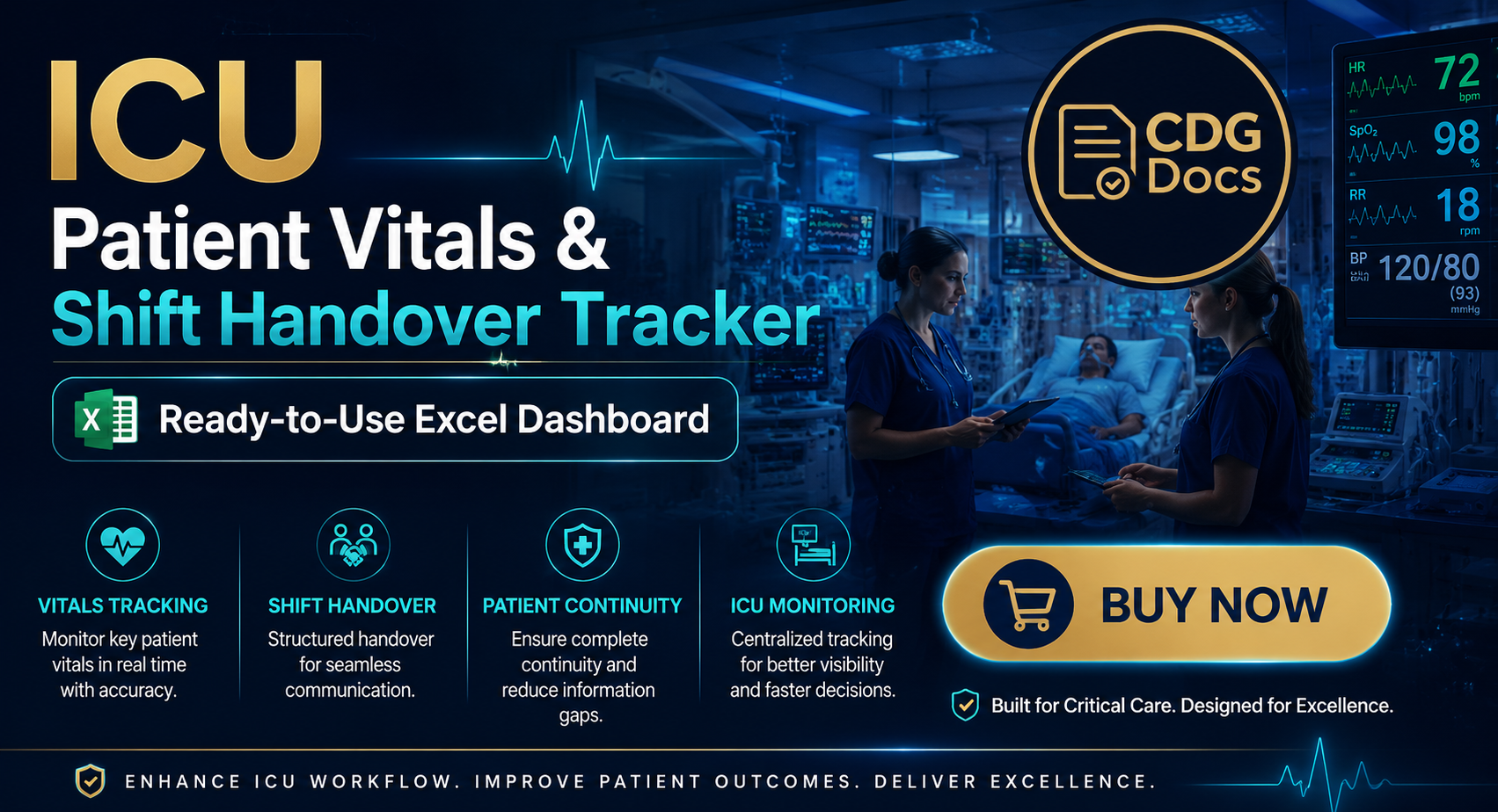 ICU Excel Dashboard | Patient Vitals Shift Handover Tracker | Critical ...