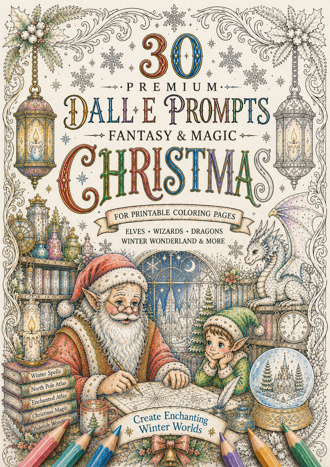 Preview of Christmas AI coloring page prompts with festive cover and example illustrations.