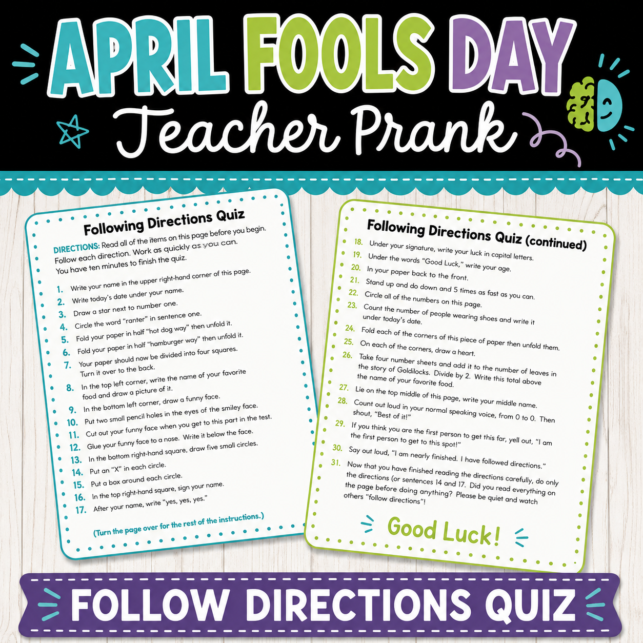 April Fools’ Day Following Directions Quiz | Fun Teacher Prank Activity
