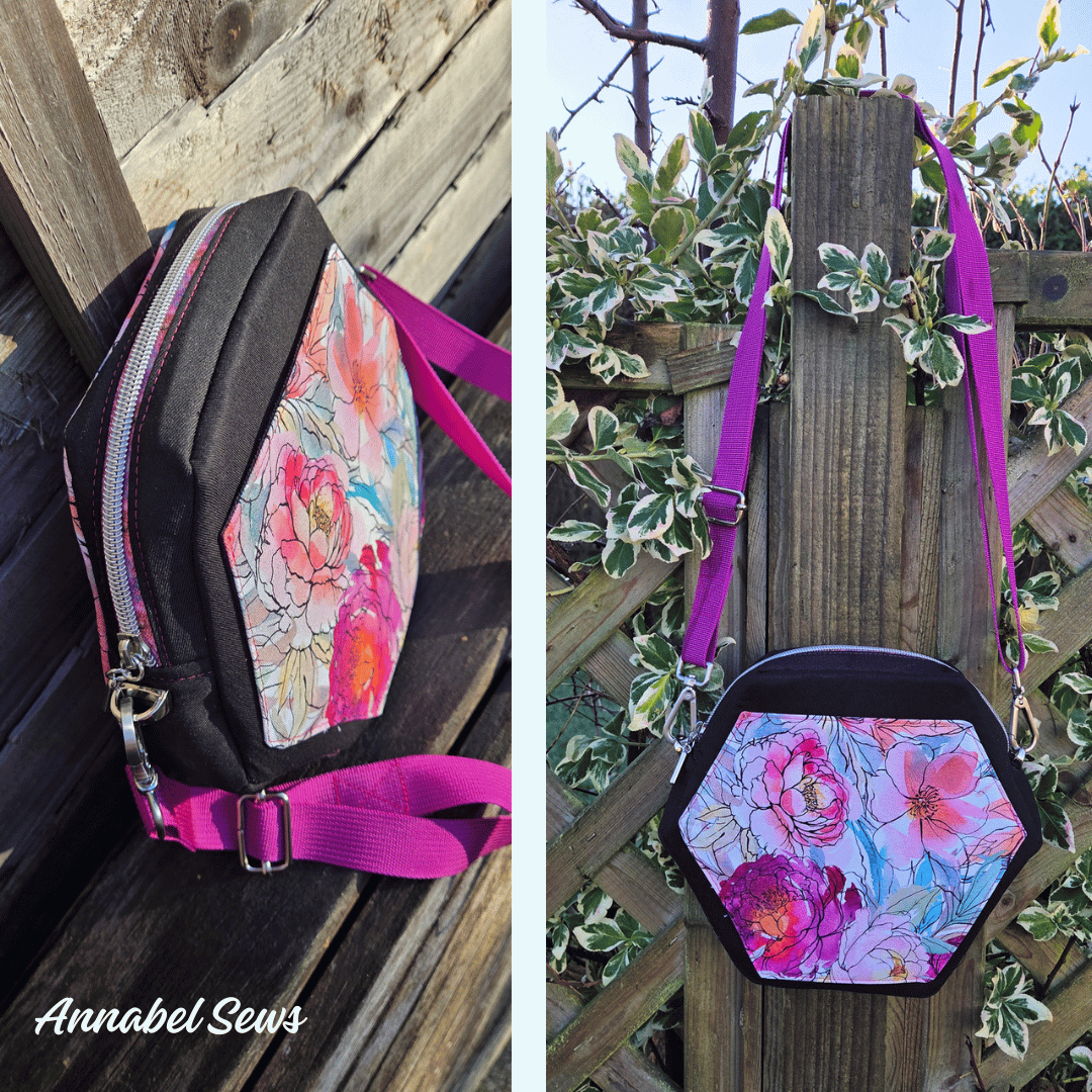 hexagon style pink and black image, step by step bag pattern