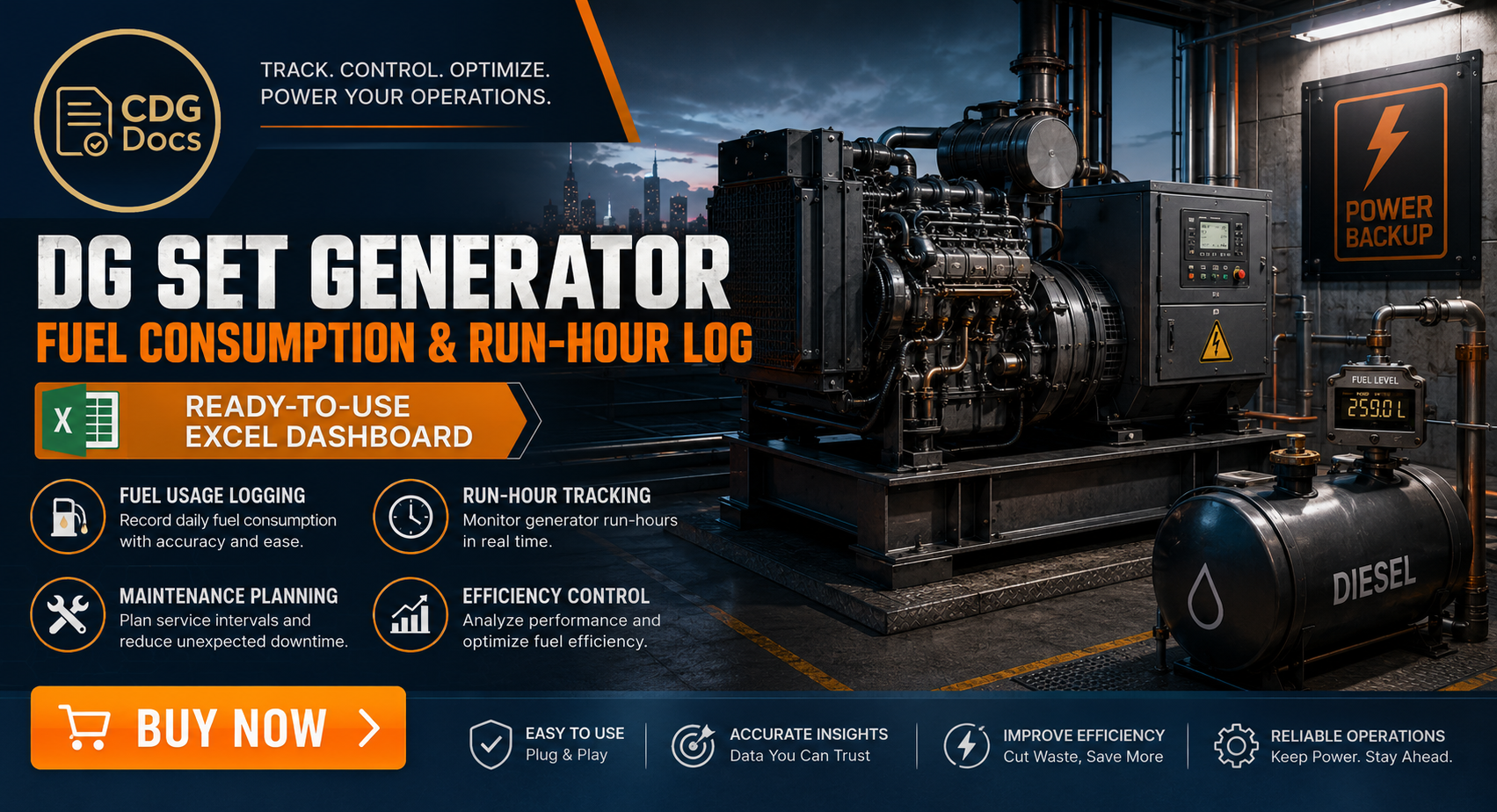 Dg Set Performance DG Set Excel Dashboard | Generator Fuel Run Hour Log | Diesel ...