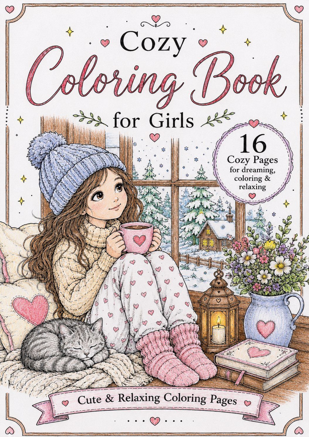 Cozy Coloring Book for Girls & Teens cover with cute winter girl, cat and cozy aesthetic illustrations.