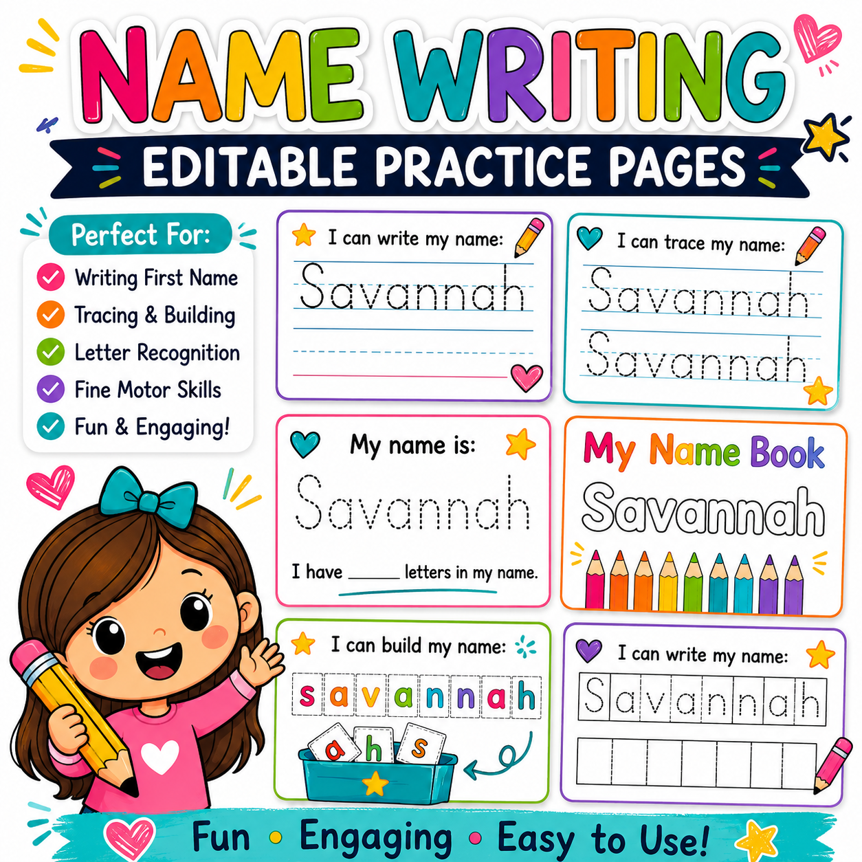 Editable Name Tracing Practice Worksheets | Kindergarten Handwriting Activities