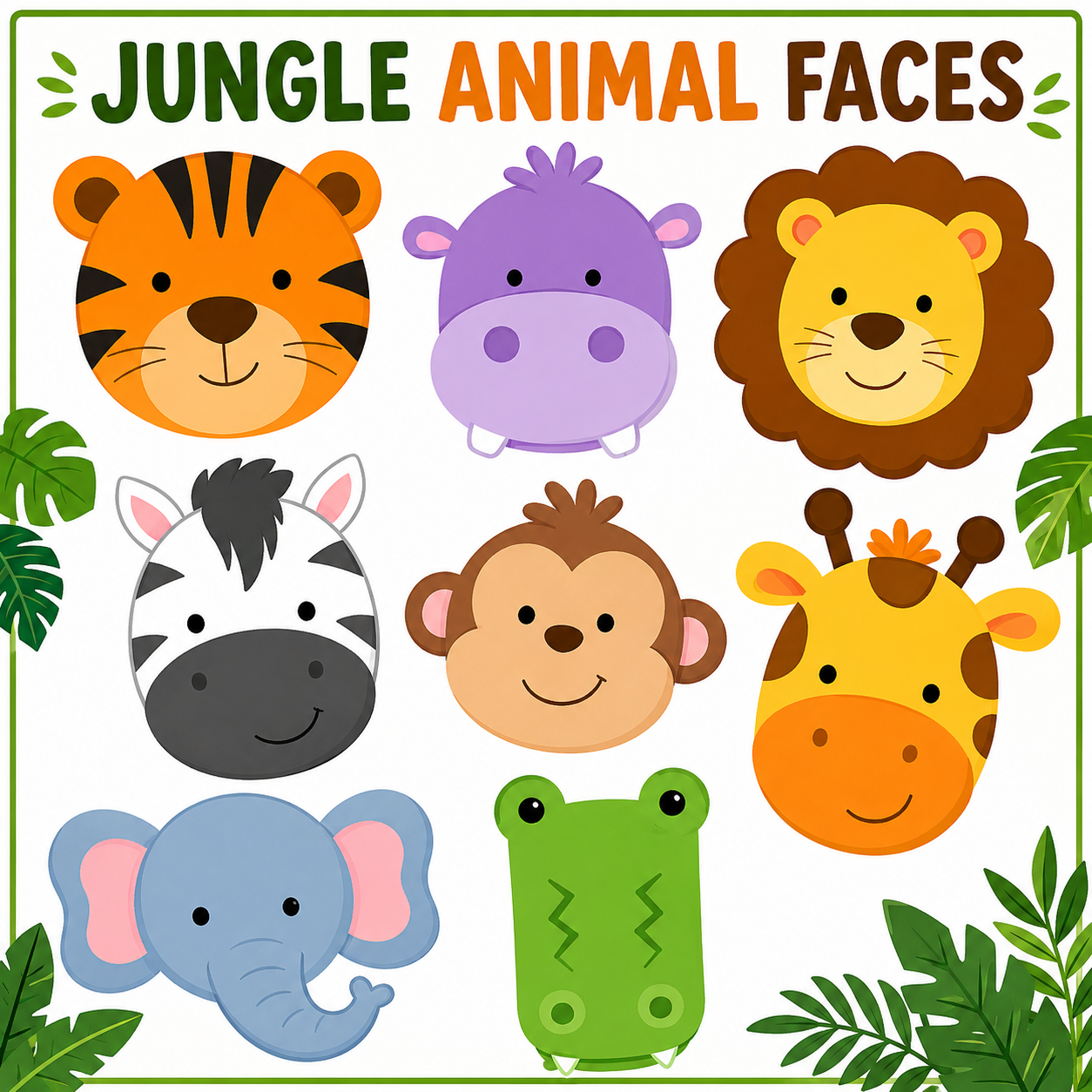 Cute Jungle Animal Faces Clipart Bundle | Digital Jungle Clip Art