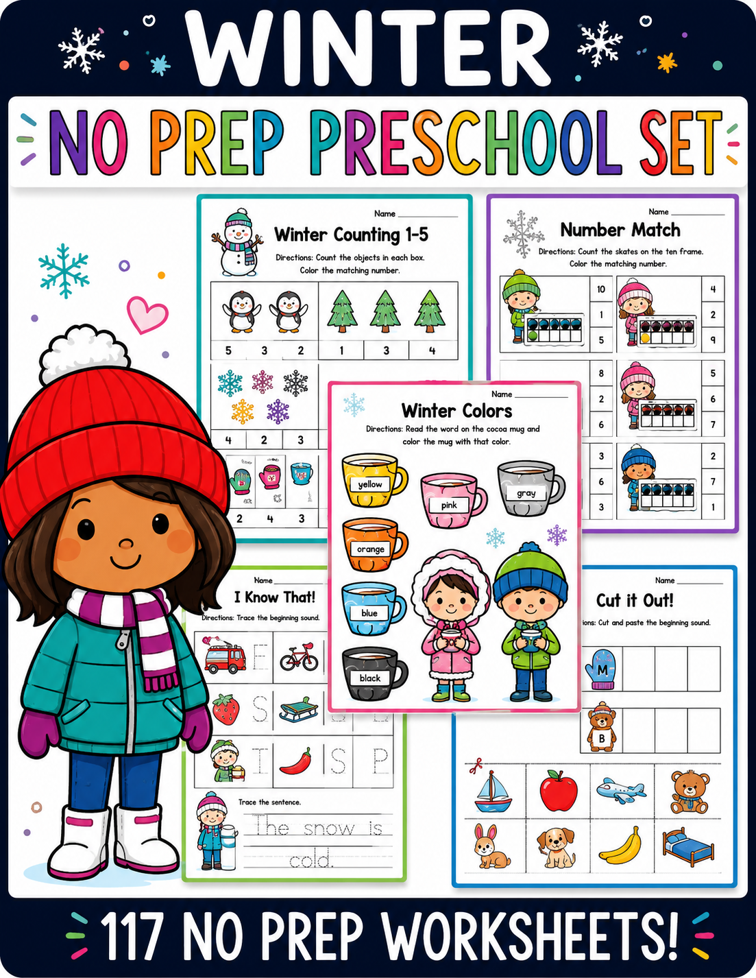 Snow Day Packet | Winter Color, Math & Literacy Activities for Preschool & Kindergarten