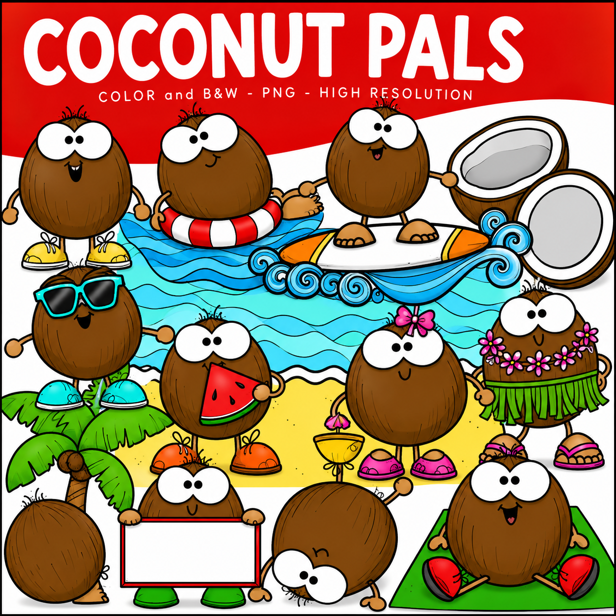 Coconut Pals Clip Art Set | Educlips Tropical Clipart Bundle