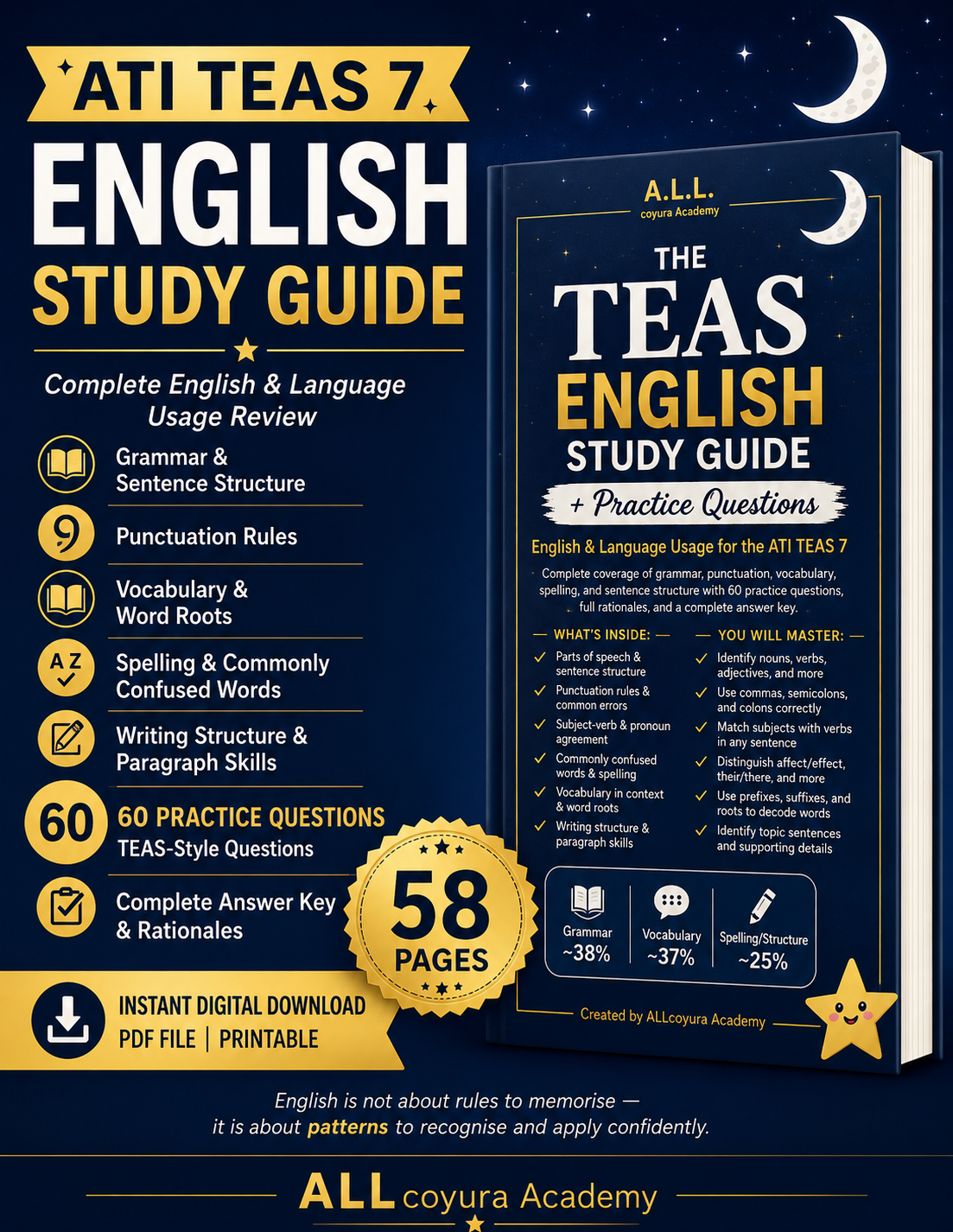 ATI TEAS 7 English Study Guide | 60 Practice Questions + Answer Key | Grammar, Vocabulary & Writing Review | Nursing School Entrance Exam Prep PDF
