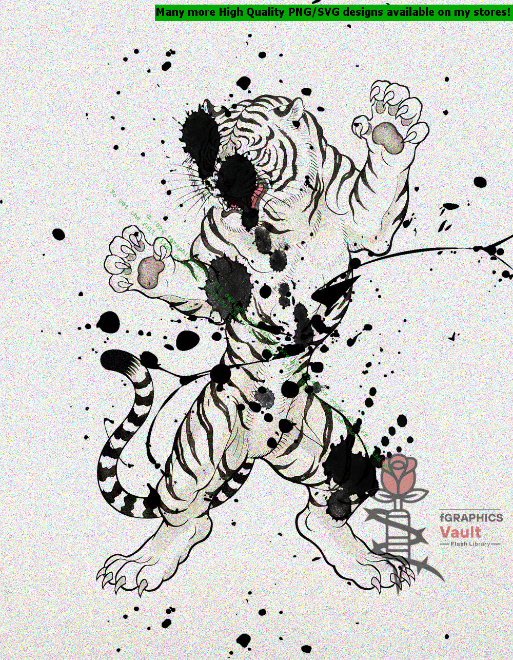 Collection of white tiger tattoo flash designs featuring traditional Japanese irezumi artwork, powerful tiger motifs, and detailed tattoo reference illustrations.