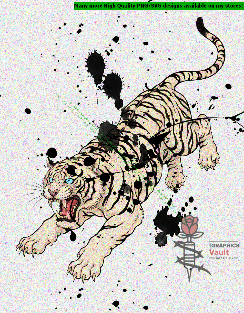 Collection of white tiger tattoo flash designs featuring traditional Japanese irezumi artwork, powerful tiger motifs, and detailed tattoo reference illustrations.