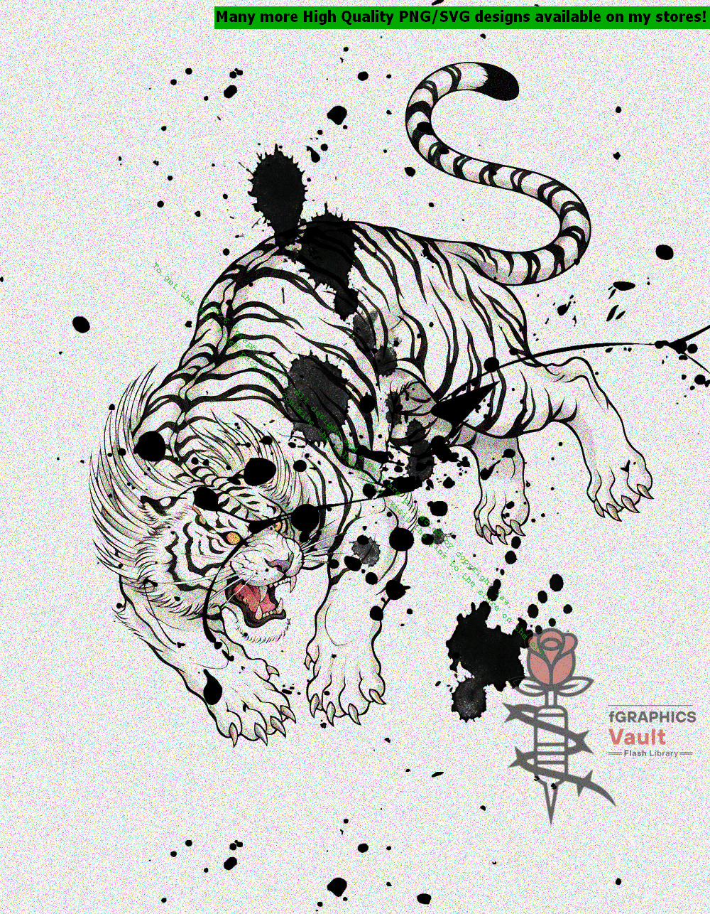 Collection of white tiger tattoo flash designs featuring traditional Japanese irezumi artwork, powerful tiger motifs, and detailed tattoo reference illustrations.