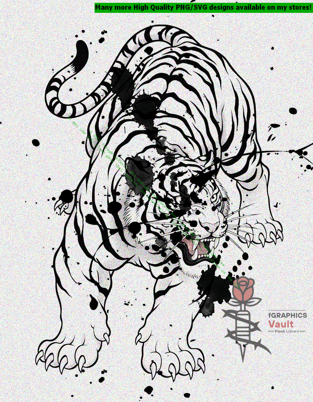 Collection of white tiger tattoo flash designs featuring traditional Japanese irezumi artwork, powerful tiger motifs, and detailed tattoo reference illustrations.