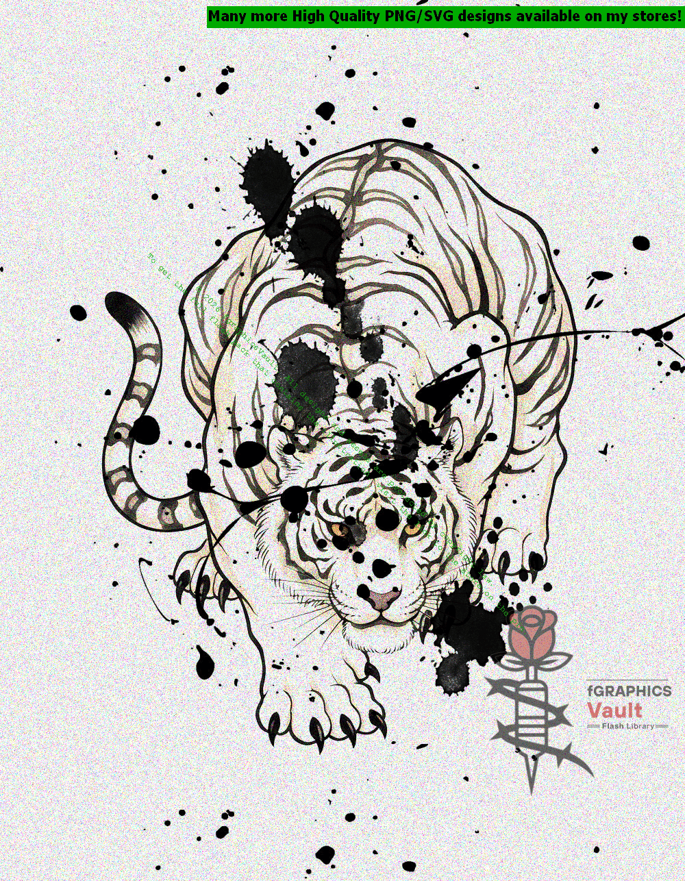 Collection of white tiger tattoo flash designs featuring traditional Japanese irezumi artwork, powerful tiger motifs, and detailed tattoo reference illustrations.