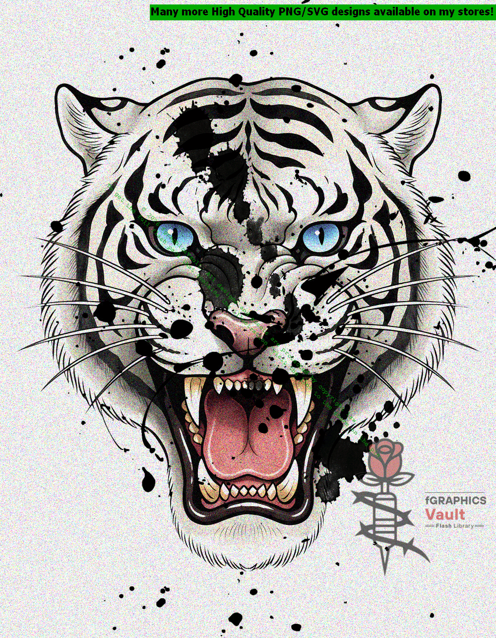 Collection of white tiger tattoo flash designs featuring traditional Japanese irezumi artwork, powerful tiger motifs, and detailed tattoo reference illustrations.