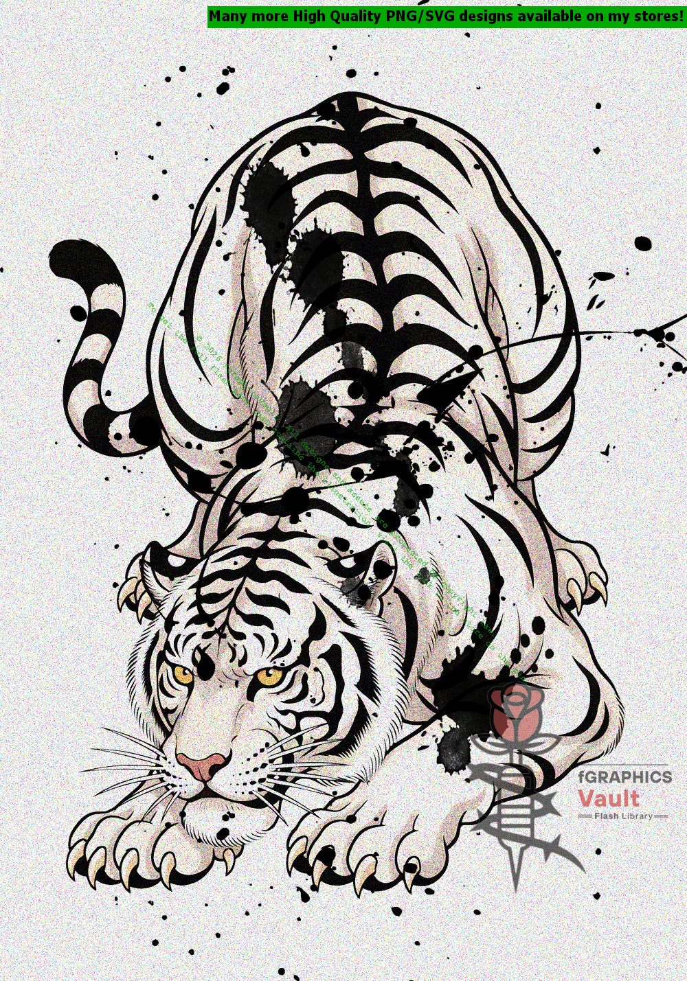 Collection of white tiger tattoo flash designs featuring traditional Japanese irezumi artwork, powerful tiger motifs, and detailed tattoo reference illustrations.