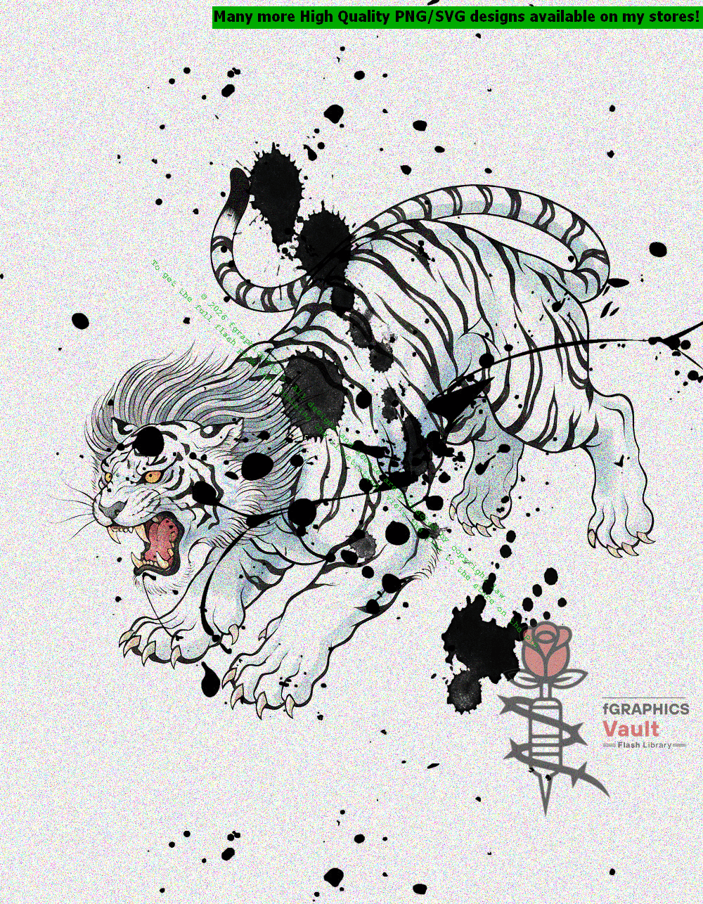 Collection of white tiger tattoo flash designs featuring traditional Japanese irezumi artwork, powerful tiger motifs, and detailed tattoo reference illustrations.