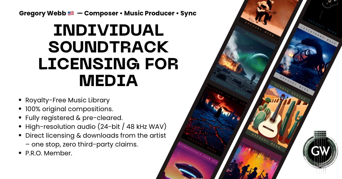 Explore a royalty-free music library of original cinematic tracks for film, video, and media projects. Includes ambient, orchestral, synth, western, and experimental music. Flexible licensing, pre-cleared audio, direct from the composer.