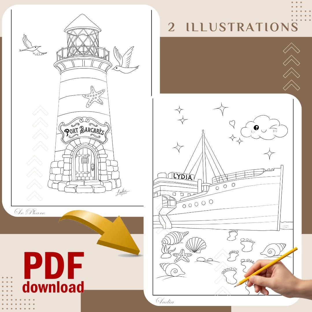 Coloriage adulte, illustration marine, phare, bateau Lydia, détente, méditation créative, art poétique, Ladix66.