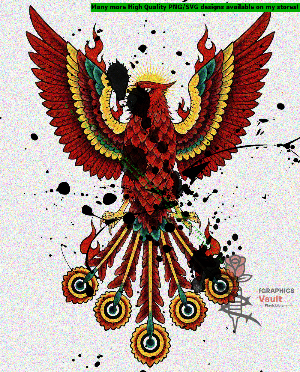 Collection of 48 Suzaku Japanese phoenix tattoo flash designs featuring traditional irezumi artwork, mythical bird motifs, and detailed tattoo reference illustrations.