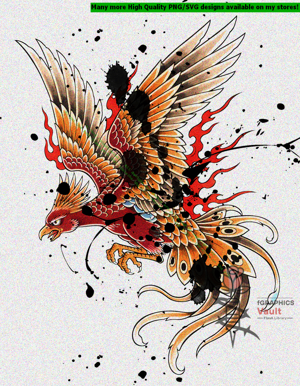 Collection of 48 Suzaku Japanese phoenix tattoo flash designs featuring traditional irezumi artwork, mythical bird motifs, and detailed tattoo reference illustrations.
