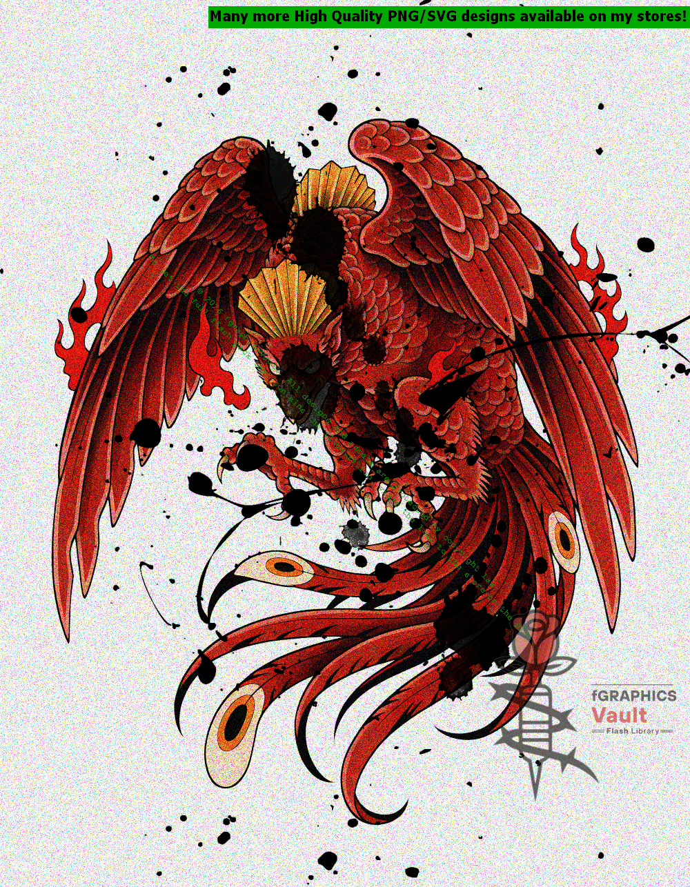 Collection of 48 Suzaku Japanese phoenix tattoo flash designs featuring traditional irezumi artwork, mythical bird motifs, and detailed tattoo reference illustrations.