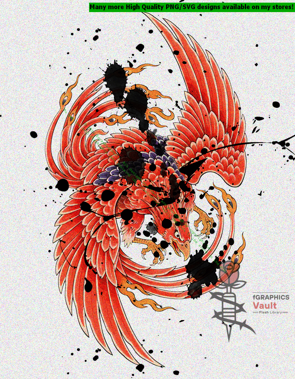 Collection of 48 Suzaku Japanese phoenix tattoo flash designs featuring traditional irezumi artwork, mythical bird motifs, and detailed tattoo reference illustrations.