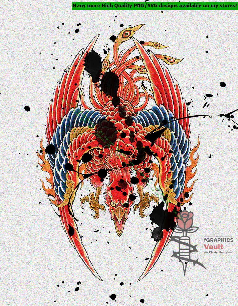 Collection of 48 Suzaku Japanese phoenix tattoo flash designs featuring traditional irezumi artwork, mythical bird motifs, and detailed tattoo reference illustrations.