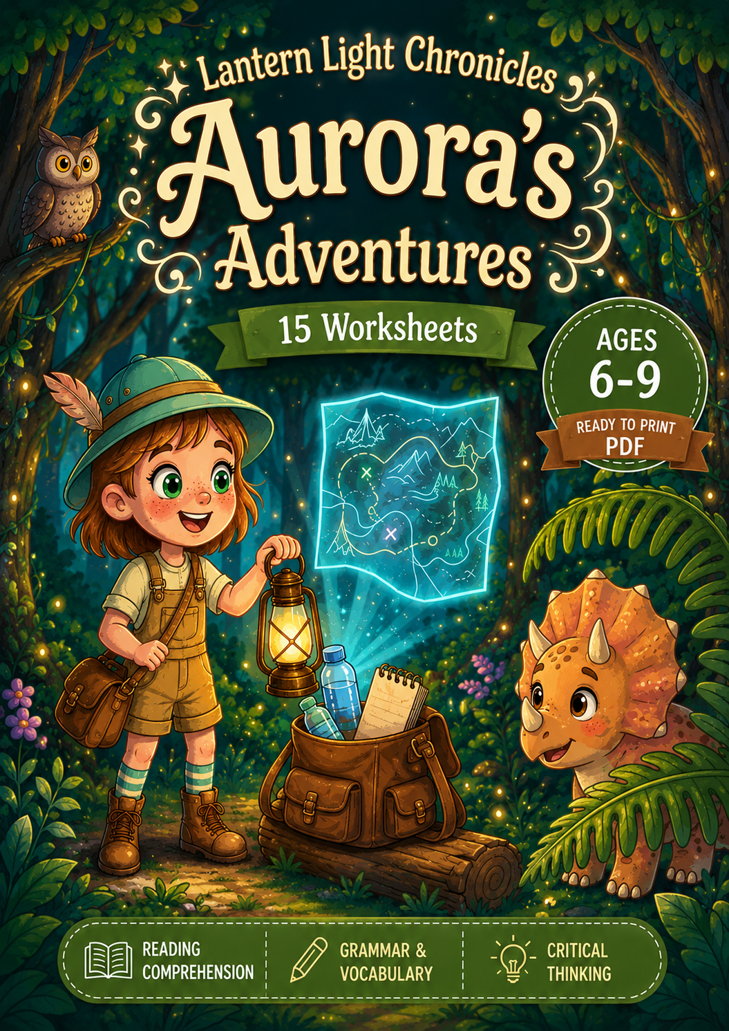**Alt Text:**  *Colorful childrens educational workbook cover featuring Aurora, a young explorer, standing in a magical forest with a lantern, adventure map, backpack, and a friendly baby Triceratops dinosaur. The cover highlights 15 printable worksheets