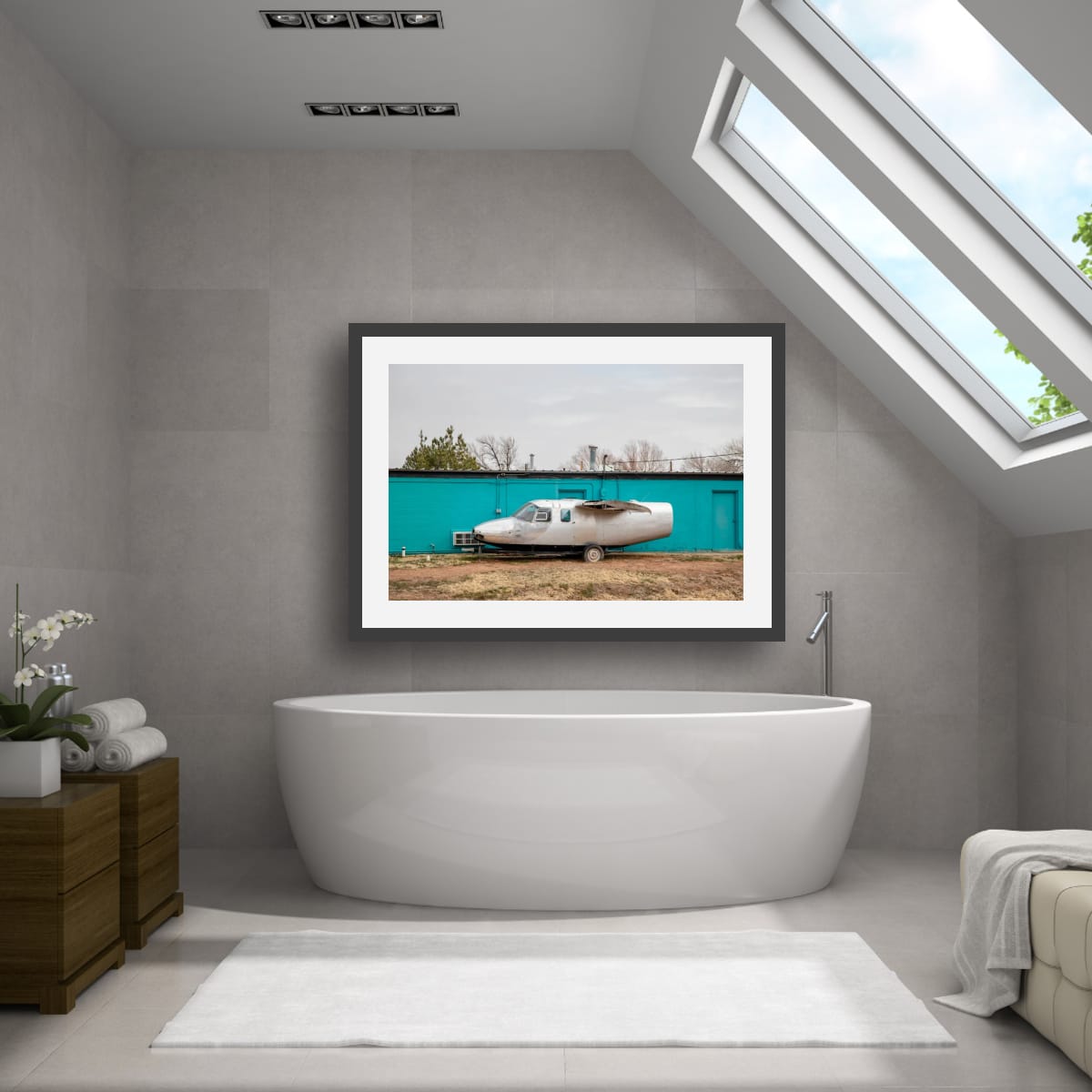 Fine art color print of a silver airplane fuselage trailer against a vibrant turquoise wall by Tony Reddington.