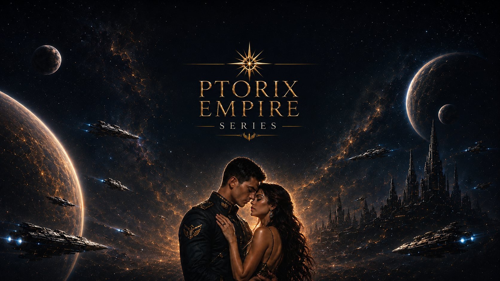 Banner for Greta van der Rol’s Ptorix Empire science fiction romance series, featuring a uniformed man and a woman embracing beneath starships and planets, with a futuristic city and gold “Ptorix Empire Series” lettering.