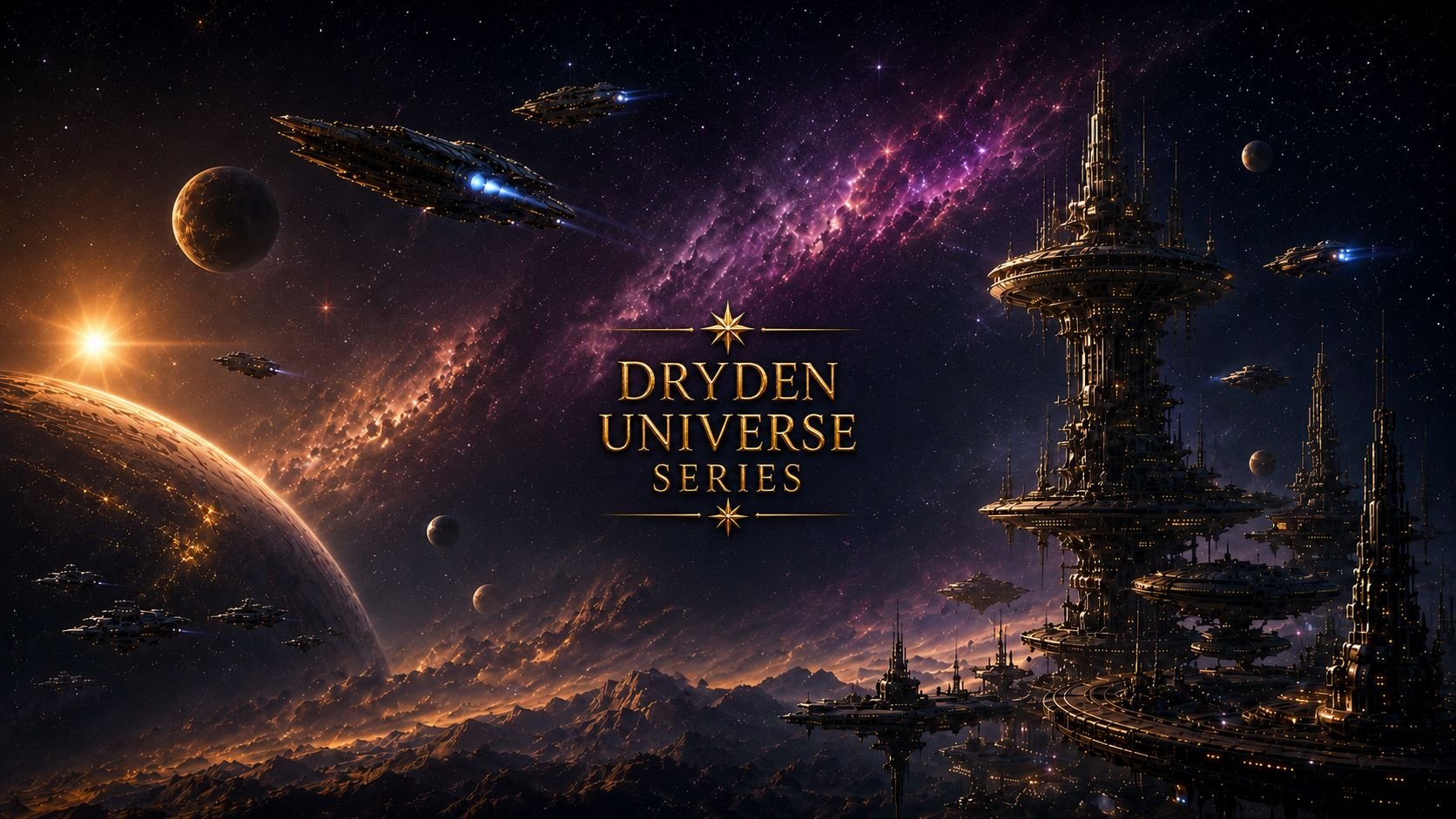 Banner for Greta van der Rol’s Dryden Universe science fiction adventures with romance, featuring starships, planets, a towering space station, and a purple nebula, with gold lettering reading “Dryden Universe Series”.