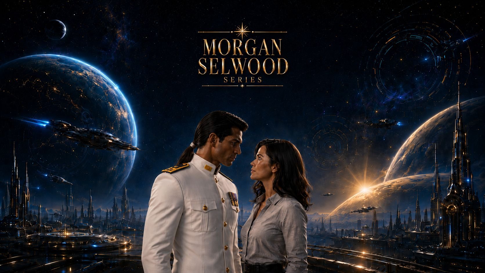Banner for Greta van der Rol’s Morgan Selwood science fiction romance series, showing Morgan and Admiral Ashkar Ravindra facing each other against a backdrop of starships, planets, and futuristic cities, with gold “Morgan Selwood Series” lettering.