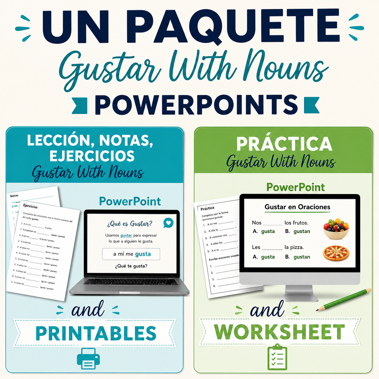 Spanish Gustar with Nouns Bundle | Lesson & Practice Activities