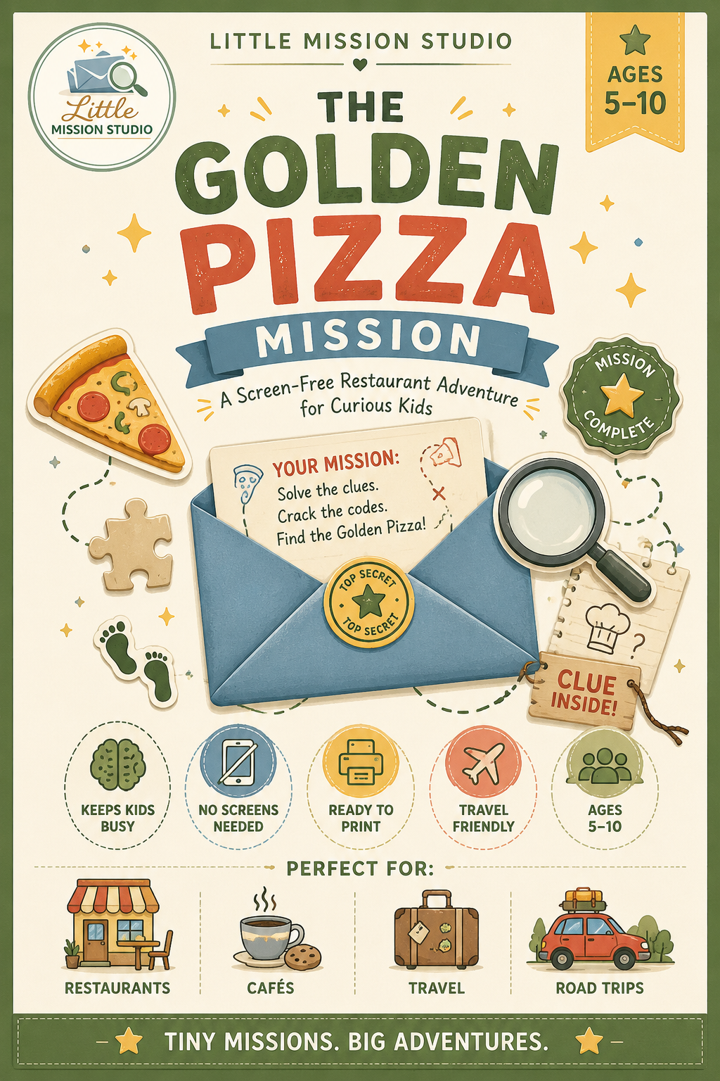 Restaurant Mission Pack for Kids - The Missing Golden Pizza - Printable Screen-Free Activity Pack Ages 5-10