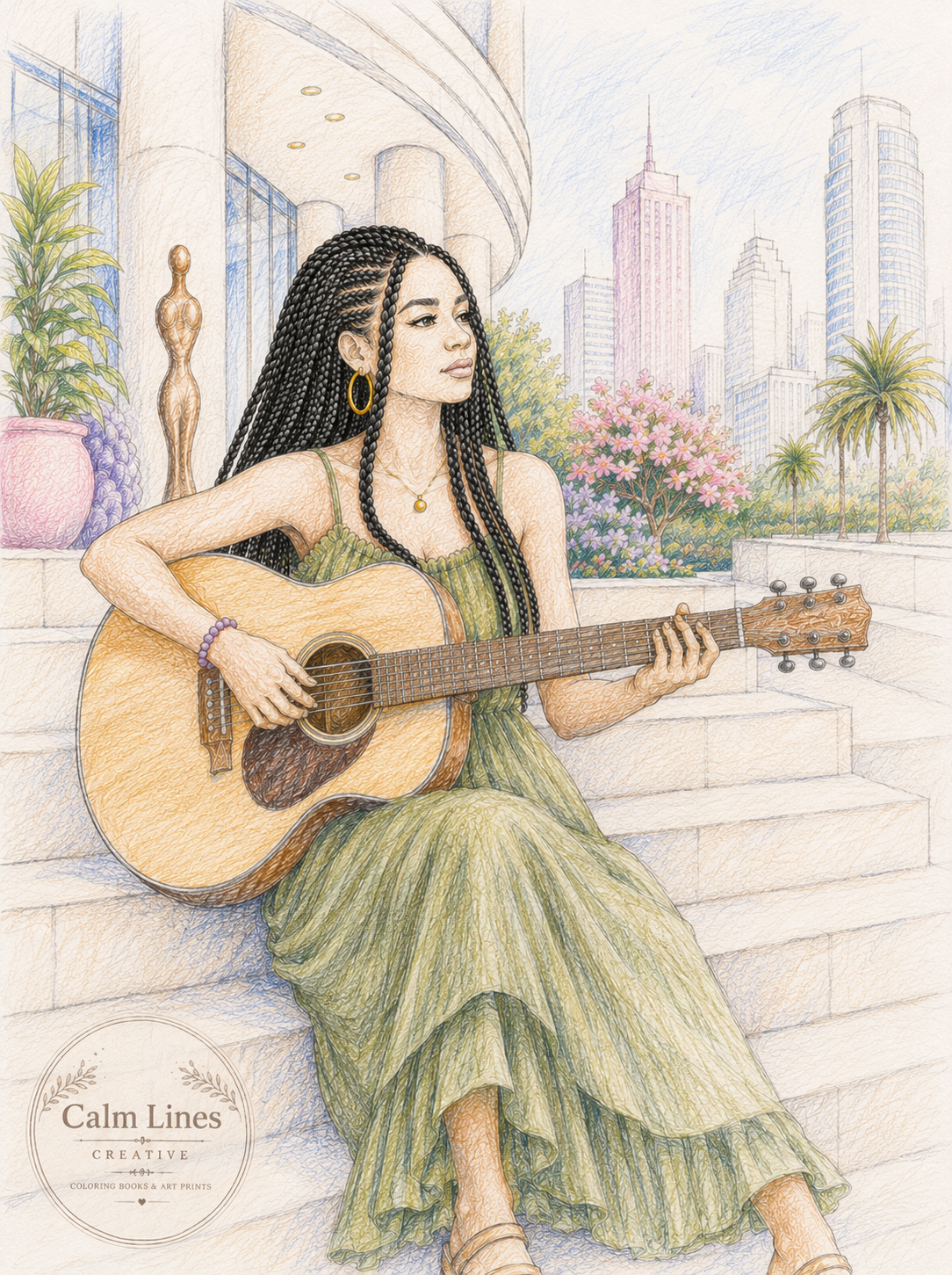 Colored example of an Afro Vibes coloring page created with colored pencils.