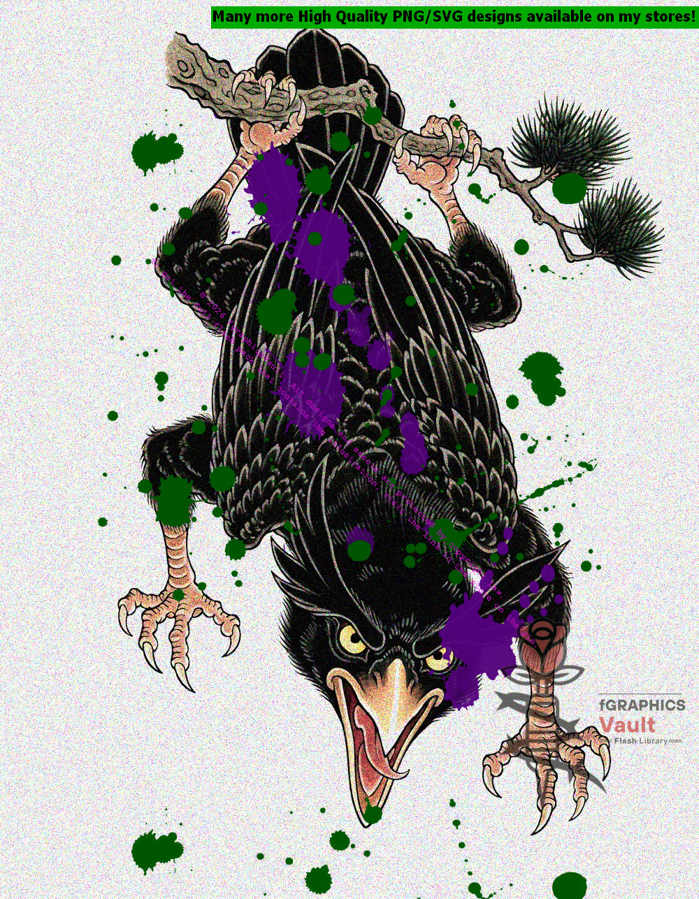 Collection of 23 Karasu Tengu tattoo flash designs featuring traditional Japanese irezumi artwork, raven-headed yokai motifs, and detailed tattoo reference illustrations.