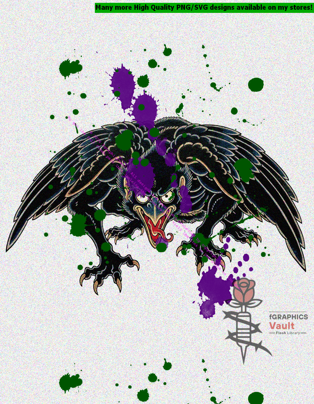 Collection of 23 Karasu Tengu tattoo flash designs featuring traditional Japanese irezumi artwork, raven-headed yokai motifs, and detailed tattoo reference illustrations.