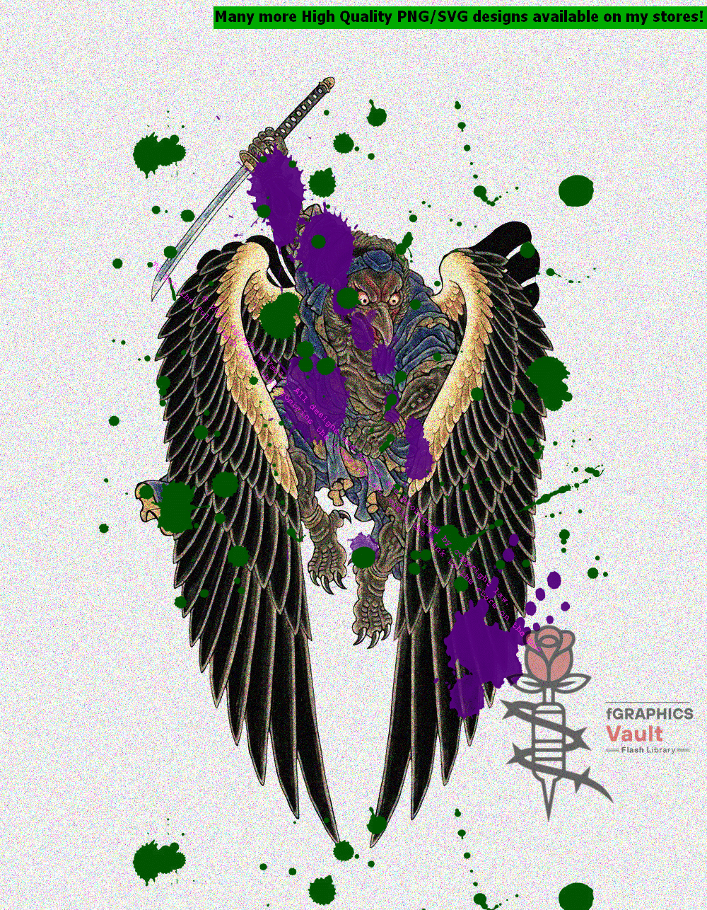 Collection of 23 Karasu Tengu tattoo flash designs featuring traditional Japanese irezumi artwork, raven-headed yokai motifs, and detailed tattoo reference illustrations.