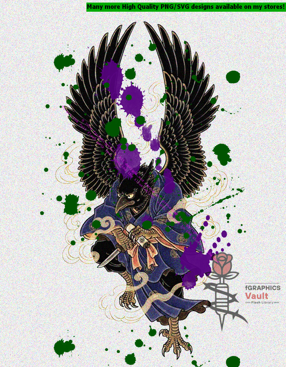 Collection of 23 Karasu Tengu tattoo flash designs featuring traditional Japanese irezumi artwork, raven-headed yokai motifs, and detailed tattoo reference illustrations.