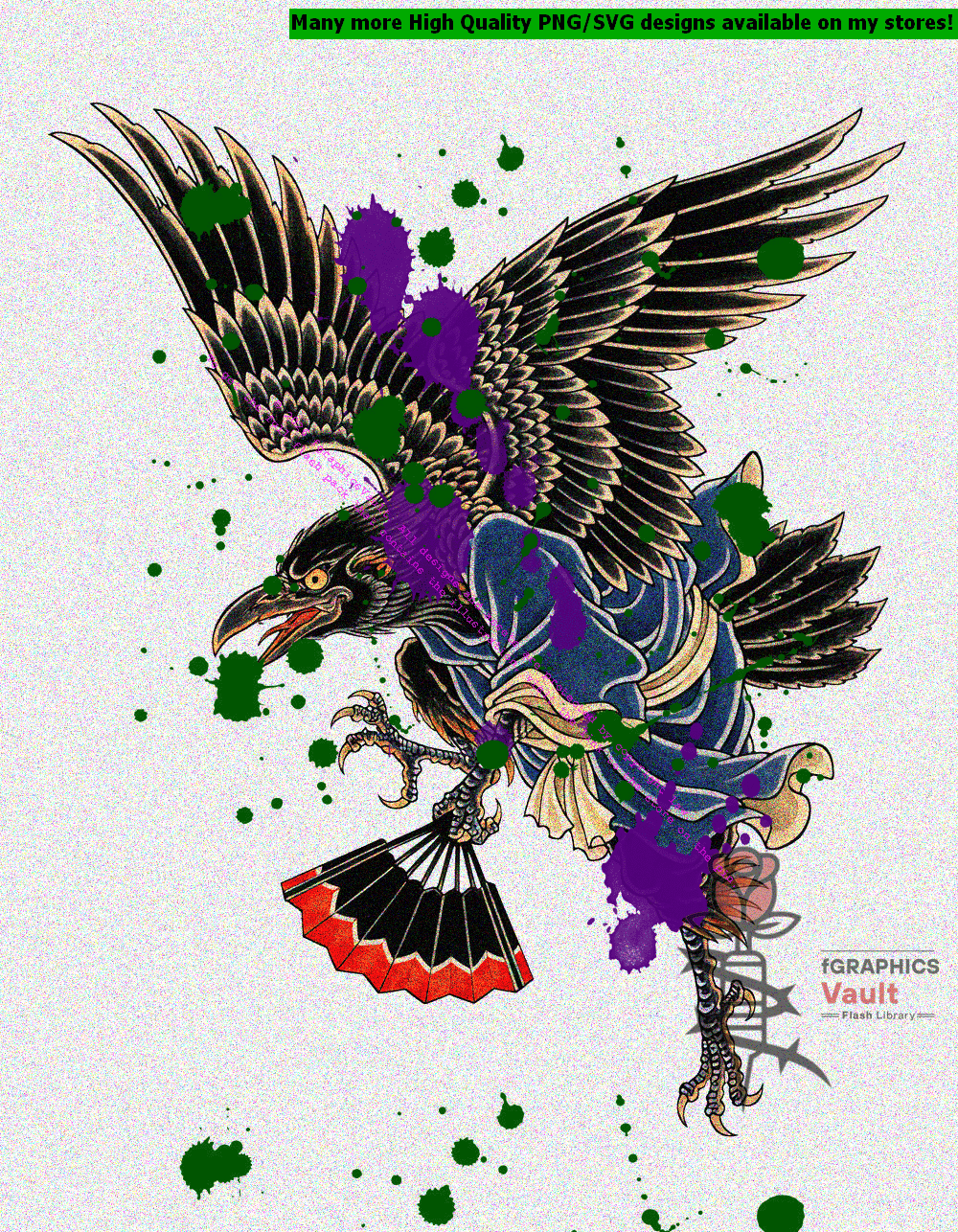 Collection of 23 Karasu Tengu tattoo flash designs featuring traditional Japanese irezumi artwork, raven-headed yokai motifs, and detailed tattoo reference illustrations.