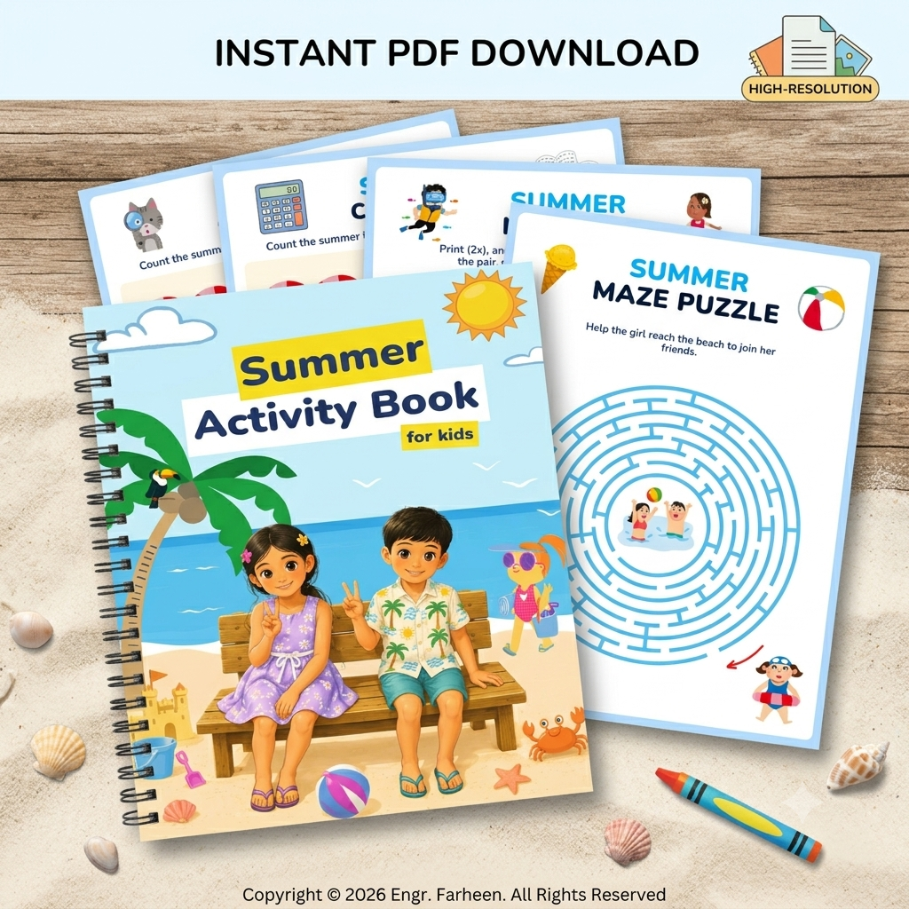 Cute illustrative style summer activity pages for kids instant digital download PDF