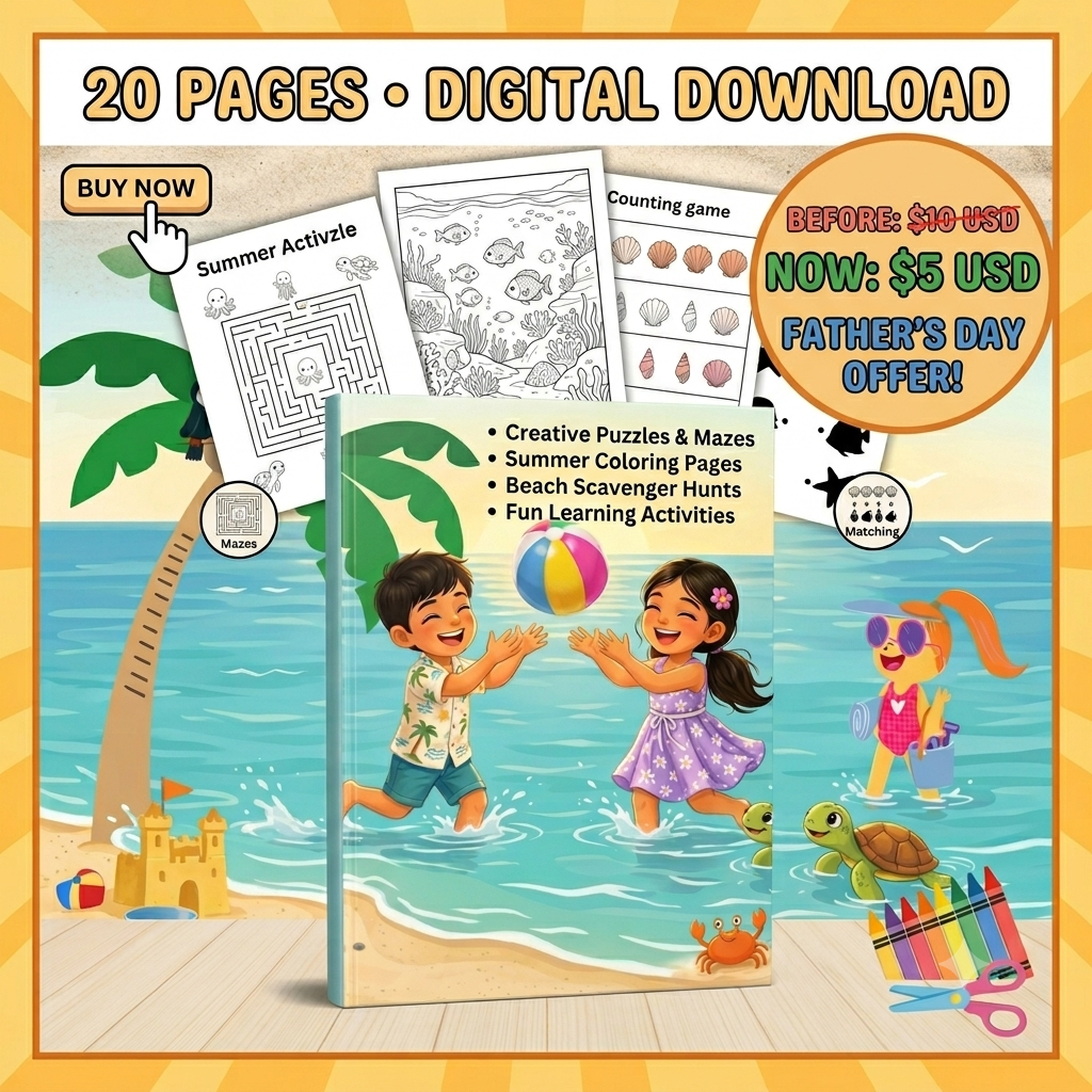 Cute illustrative style summer activity pages for kids instant digital download PDF