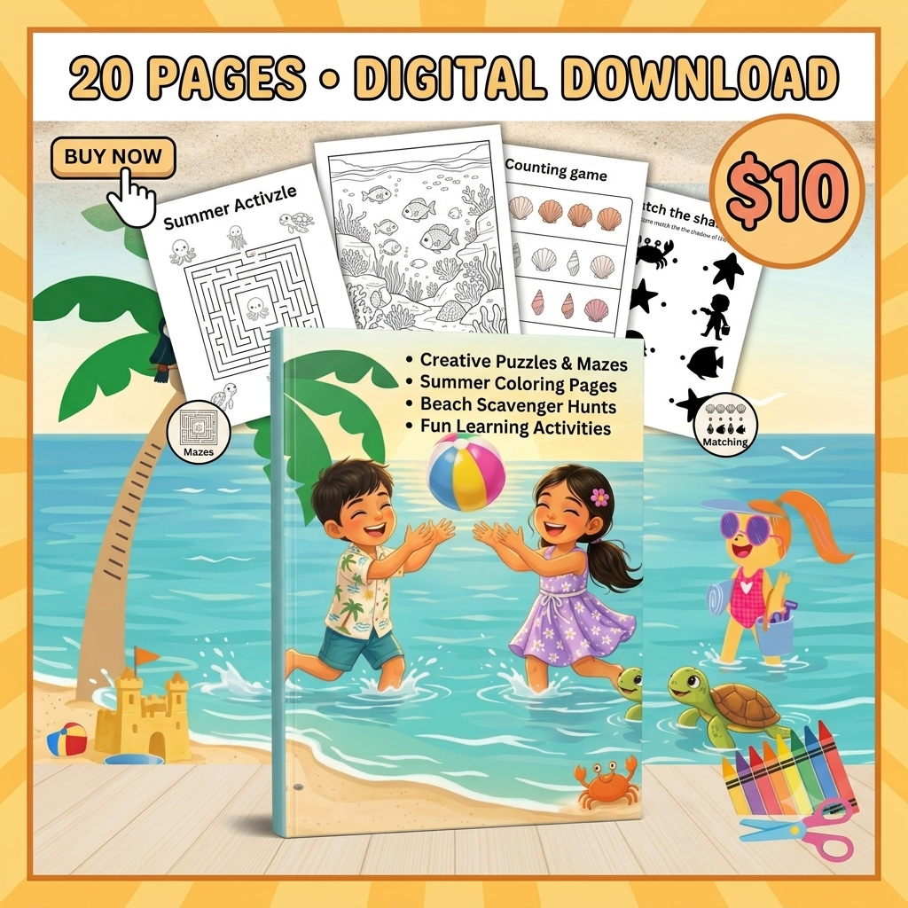 Cute illustrative style summer activity pages for kids instant digital download PDF