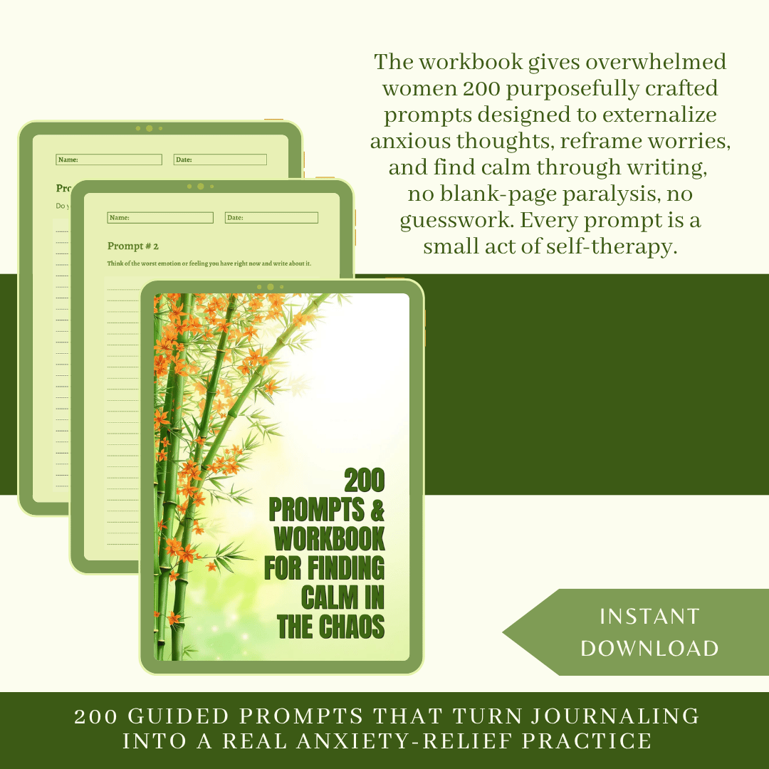 Flat lay mockup of a printable mental health journal showing a customized prompt page template with a header for Name, Date, and a guided emotional writing exercise.