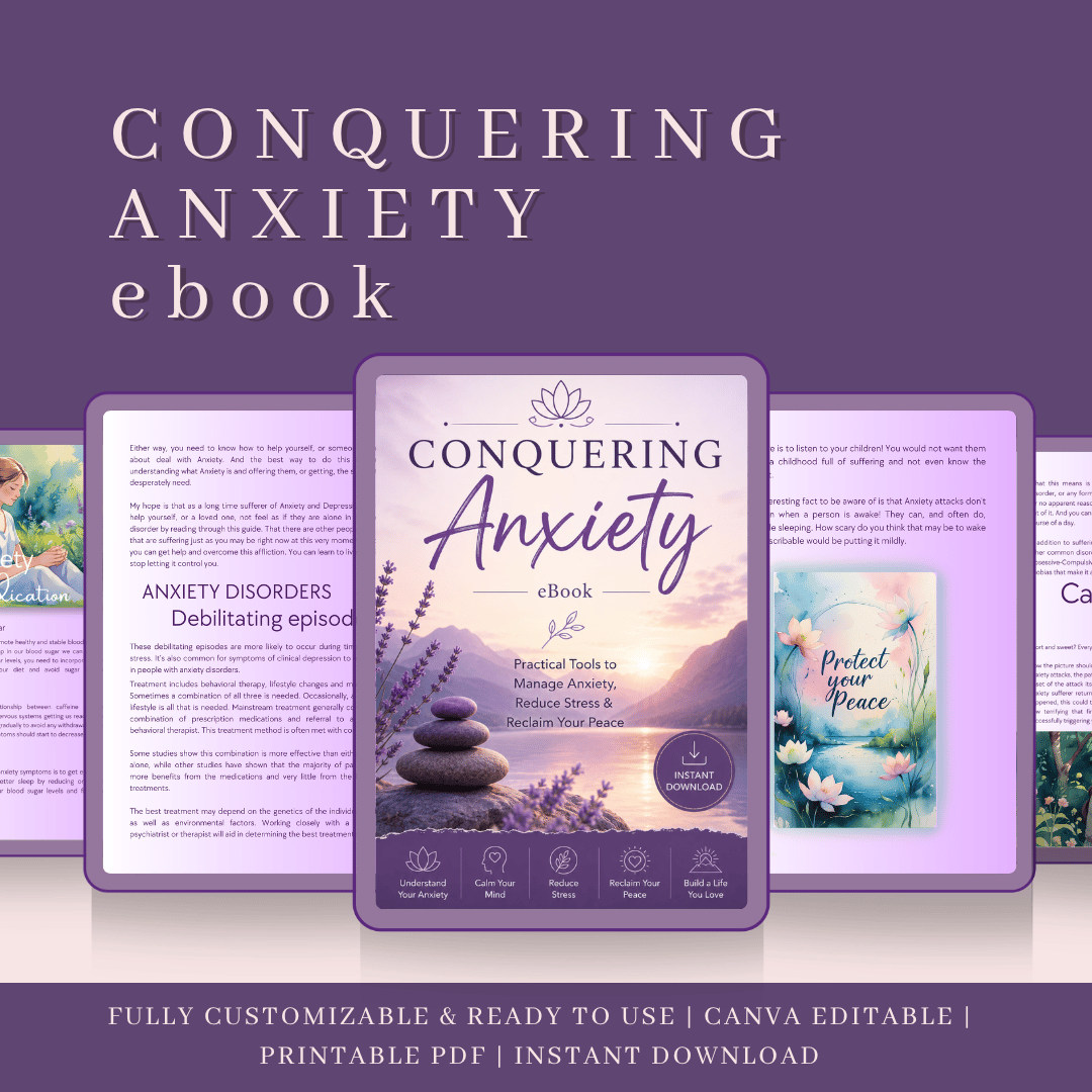 Lavender-themed digital product cover displaying "Conquering Anxiety eBook: Practical Tools to Manage Anxiety, Reduce Stress & Reclaim Your Peace" alongside zen balancing stones and an instant download badge.