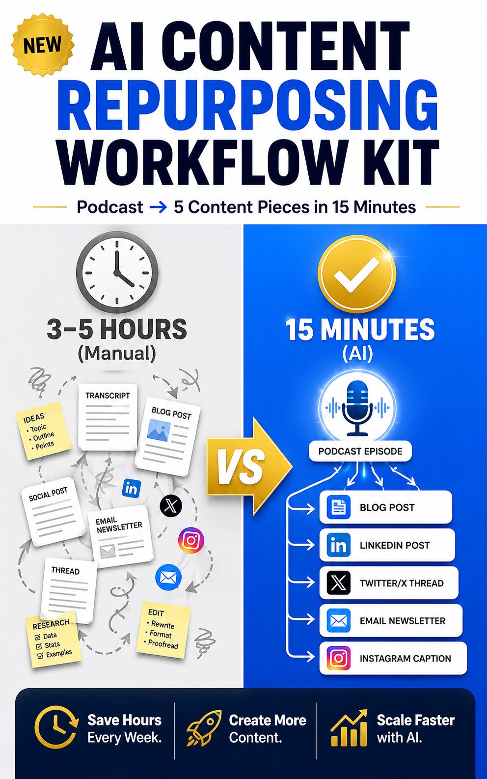AI Content Repurposing Workflow Kit ebook cover showing how to convert one podcast episode into five content pieces in 15 minutes using AI compared to a 3–5 hour manual workflow.